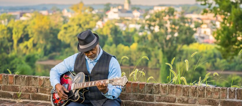 man, music, guitar, senior, countryside, portrait