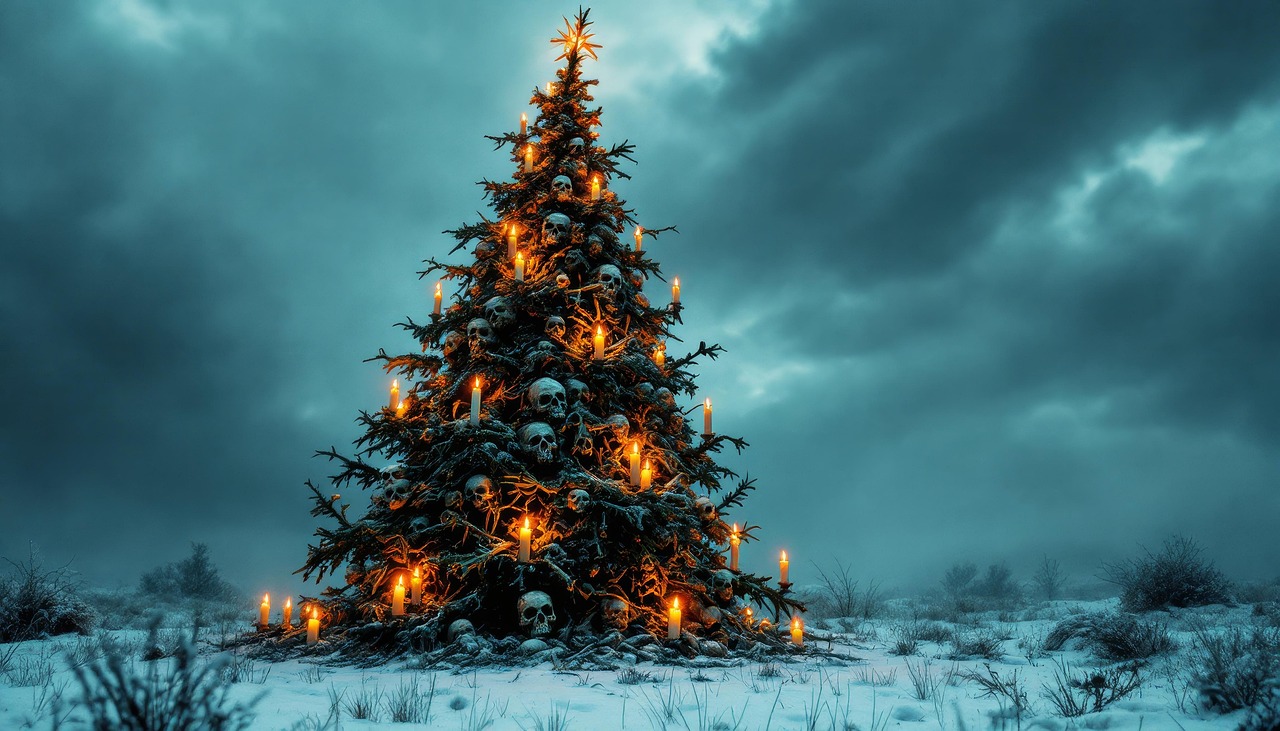 evil, horror, dark, creepy, monsters, skull, bones, candles, shadows, snow, landscape, desolate, winter, nightmares, scary, macabre, gothic, dark arts, anti christmas, nature, ai is generated